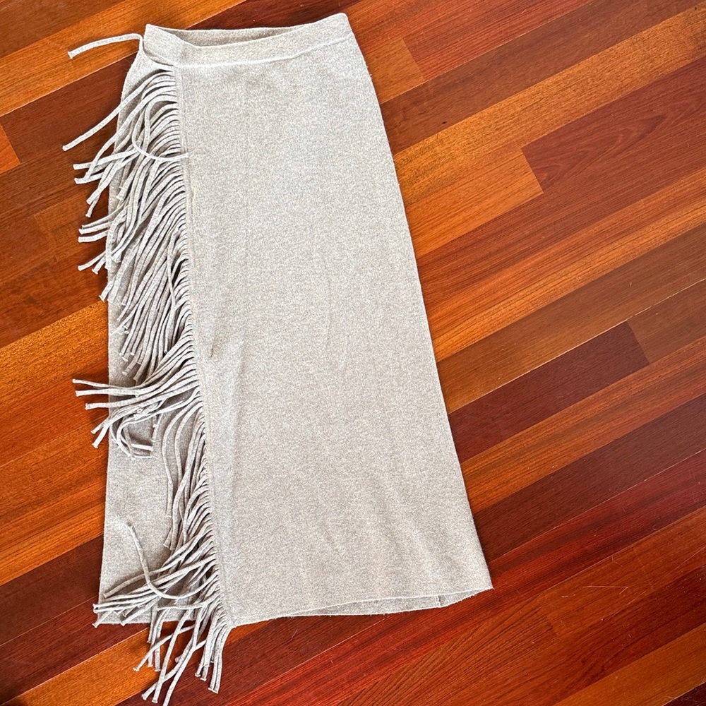 Ronny Kobo Collection Asymmetrical Fringe Skirt in Light Gray